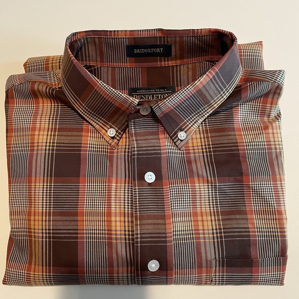 Pendleton Bridgeport Button Down 100% Cotton Dress Shirt , L, Brown Multicolor